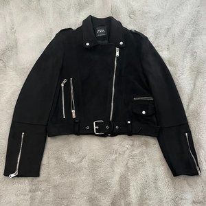 ZARA cropped black velvet zippered jacket
